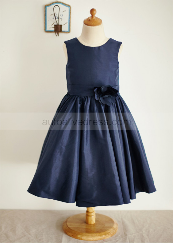 Navy Blue Taffeta Knee Length Flower Girl Dress Wedding Party Dress